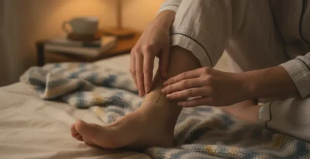 Osoba u pidžami navečer lijepi detoks flaster za stopala na gležanj prije spavanja.