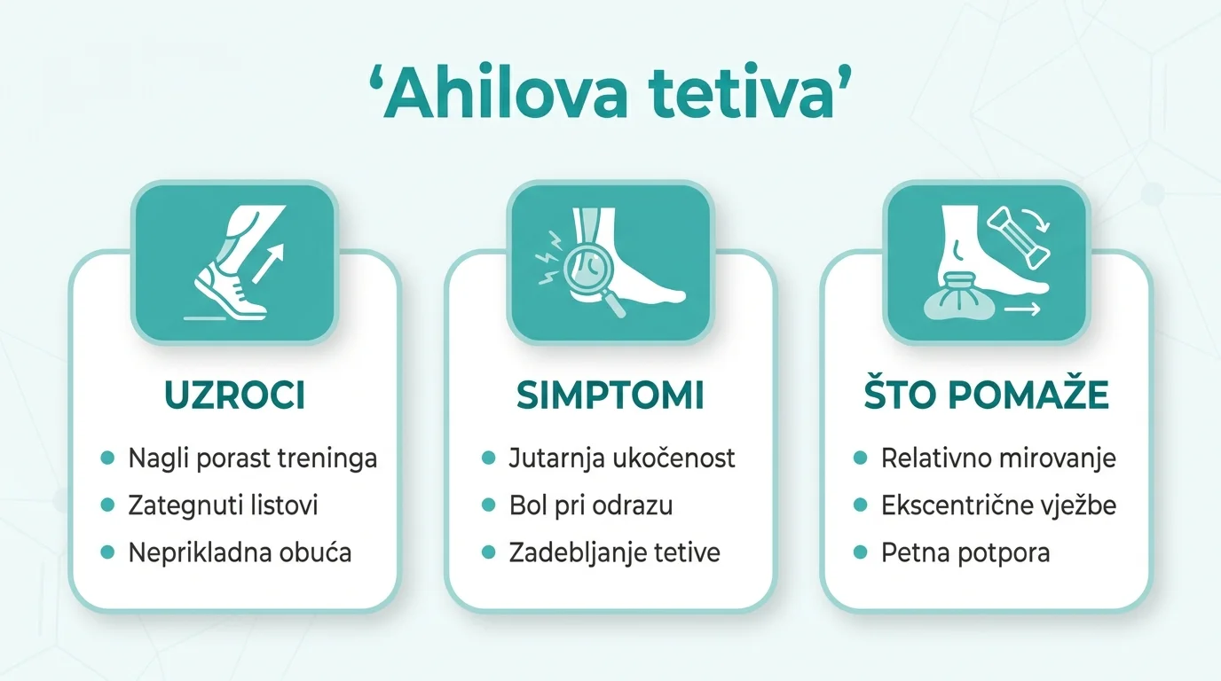 Infografika o boli u Ahilovoj tetivi koja prikazuje glavne uzroke, simptome i mjere koje pomažu u oporavku.