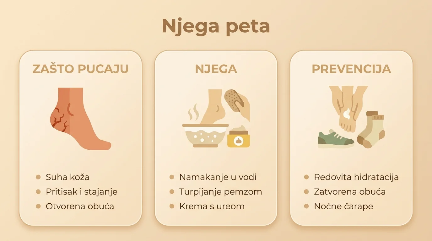 Infografika koja prikazuje uzroke ispucanih peta, korake njege i mjere prevencije.