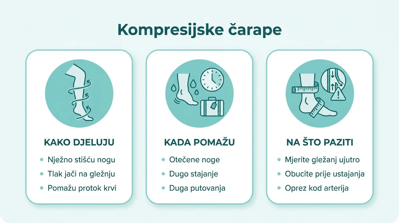 Infografika koja objašnjava kako djeluju kompresijske čarape, kada pomažu i na što treba paziti pri odabiru.