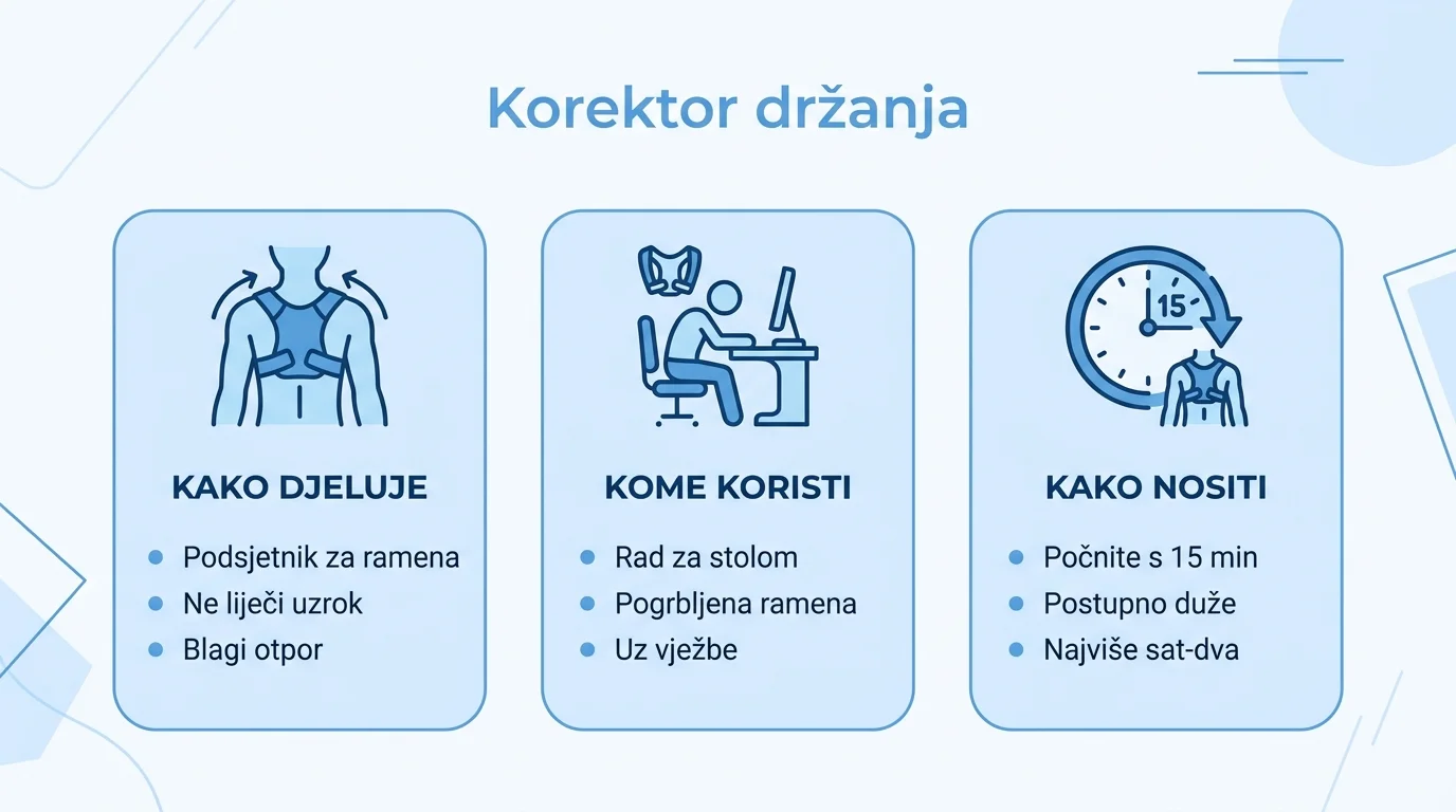 Infografika koja prikazuje kako korektor držanja djeluje, kome koristi i kako ga postupno nositi.