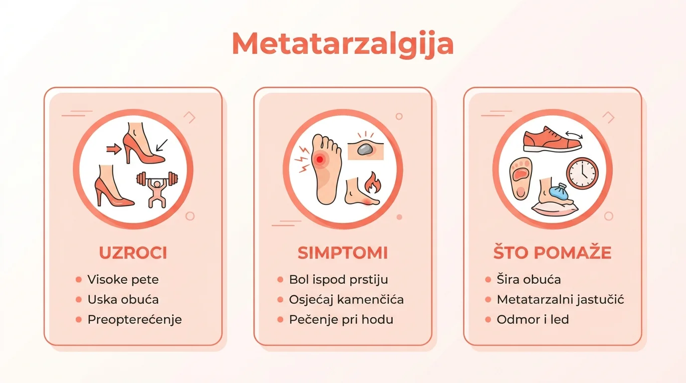 Infografika koja prikazuje uzroke, simptome i mjere olakšanja kod metatarzalgije.