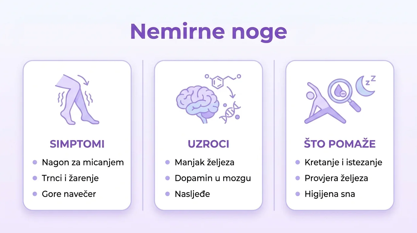Infografika koja prikazuje simptome, uzroke i mjere olakšanja kod sindroma nemirnih nogu.
