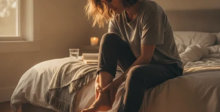 Žena sjedi i drži ruku na blago otečenom gležnju nakon dugog dana provedenog na nogama.