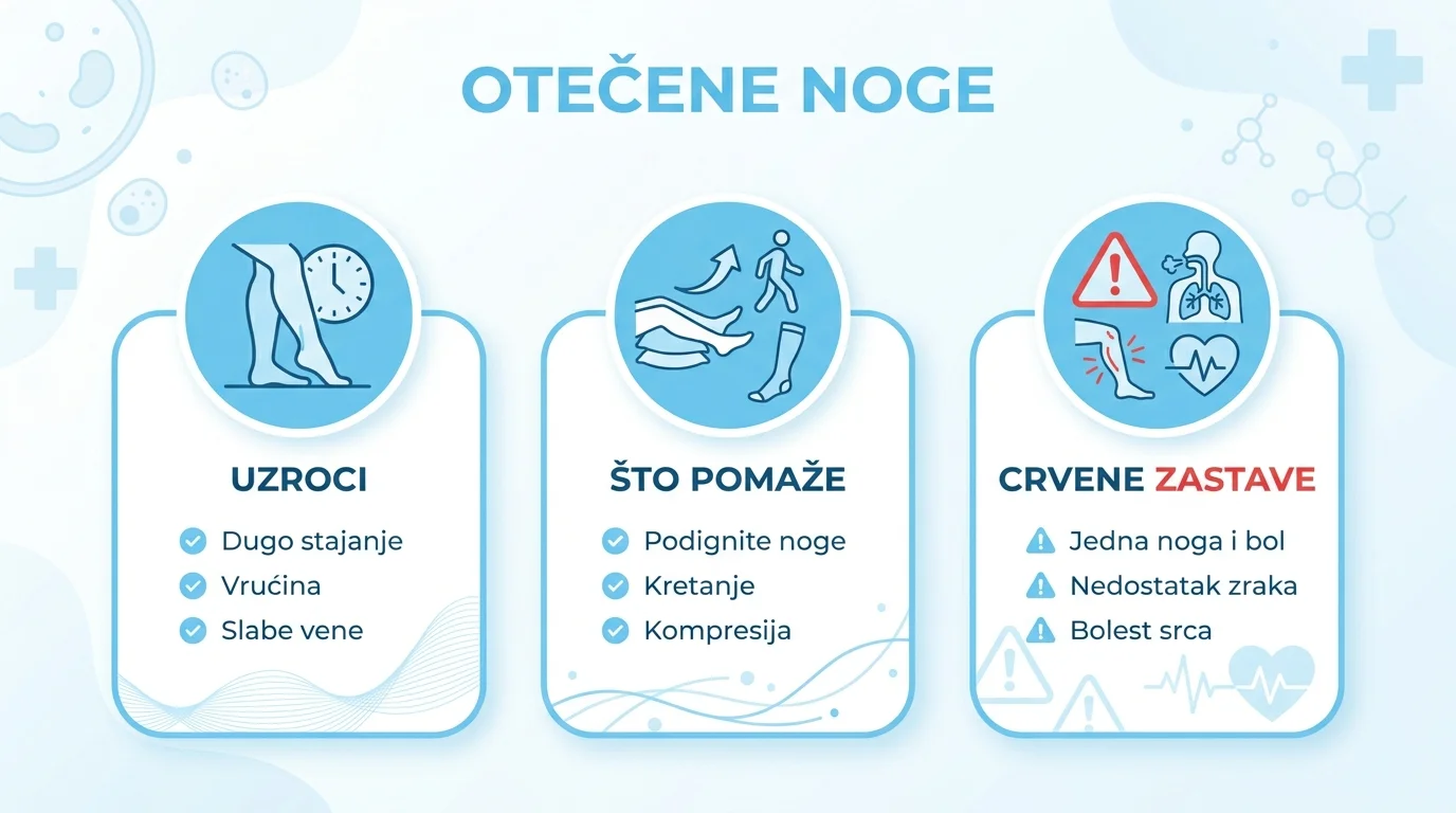 Infografika s uzrocima otečenih nogu, mjerama koje pomažu i upozoravajućim znakovima za hitan liječnički pregled.