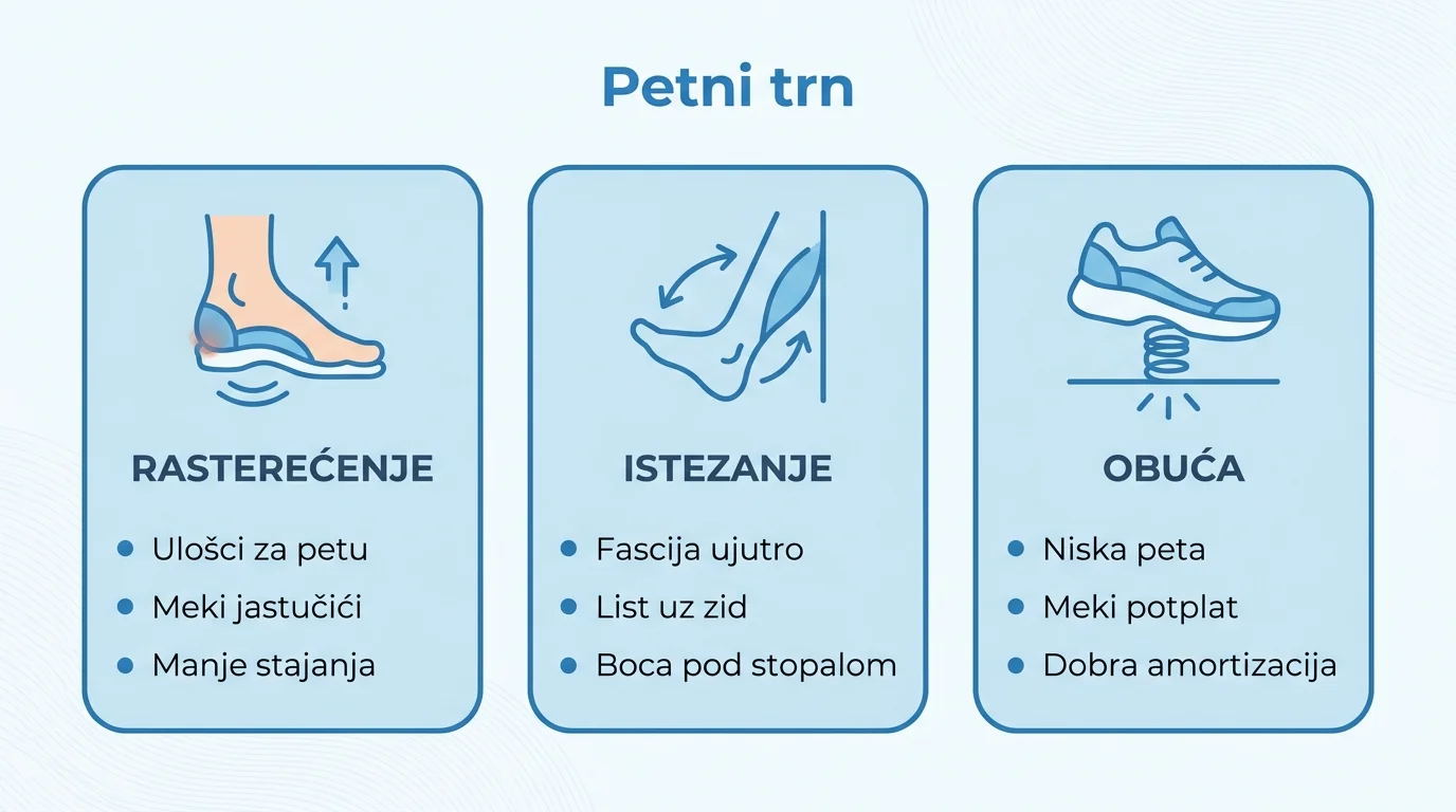 Infografika s tri stupa konzervativnog liječenja petnog trna: rasterećenje, istezanje i prikladna obuća.