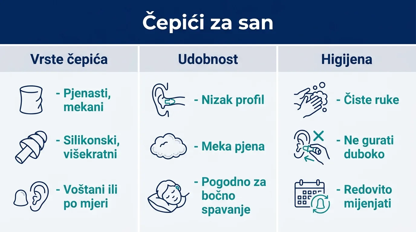 Infografika o vrstama čepića za uši, udobnosti i higijeni