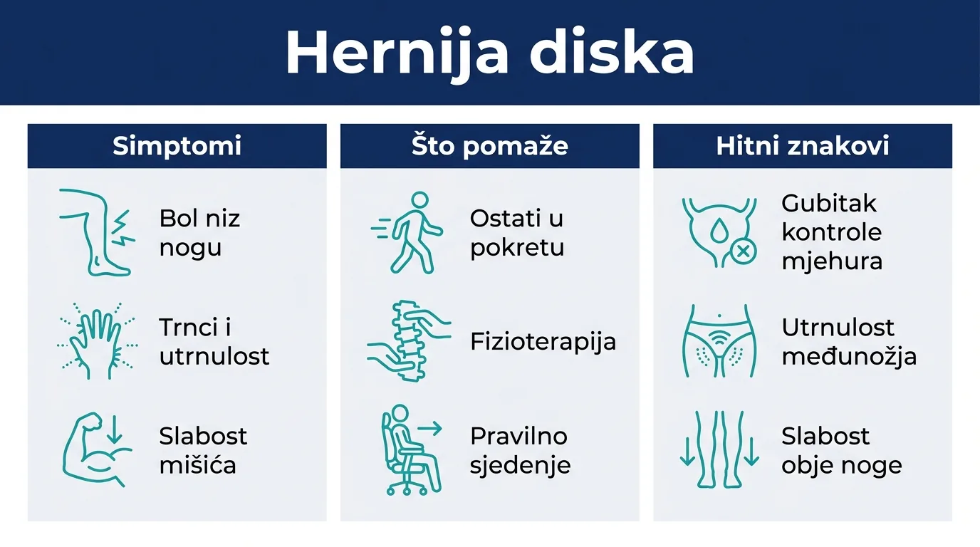 Infografika o simptomima hernije diska, načinima olakšanja i hitnim znakovima