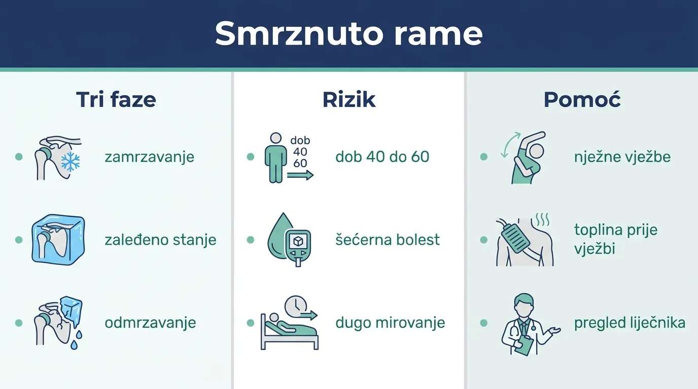 Infografika o smrznutom ramenu: faze, rizici i pomoć