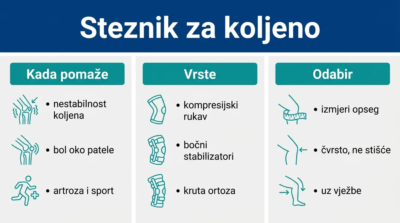 Infografika o stezniku za koljeno: kada pomaže, vrste i odabir