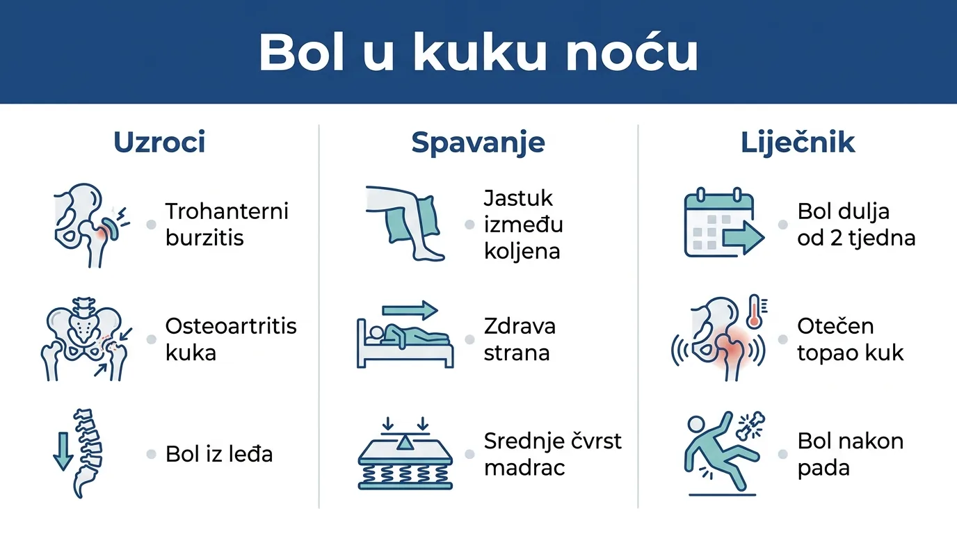 Infografika o uzrocima boli u kuku, položaju za spavanje i znakovima za liječnika