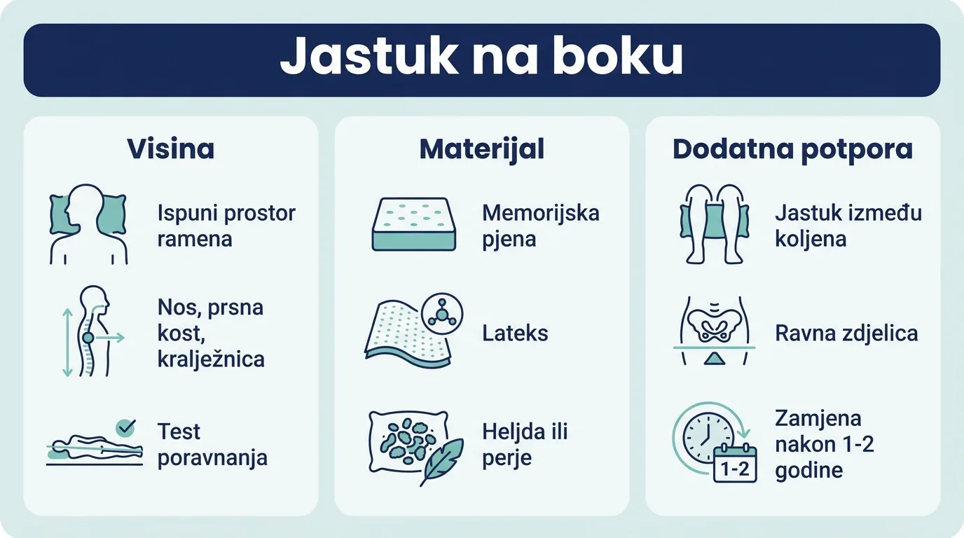 Infografika o odabiru jastuka za spavanje na boku: visina, materijal i dodatna potpora.